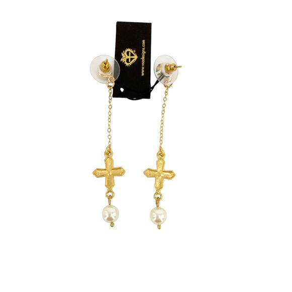 VIRGINS SAINTS & ANGELS VSA Peace Cross Pearl Drop Post Earrings in Gold - Picture 7 of 8